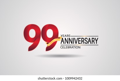 99 years anniversary logotype with red color and golden ribbon isolated on white background for celebration event