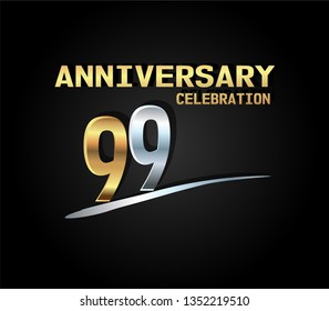 99 years Anniversary silver and golden font  with silver line. Fist number golden and second number silver with underline silver and golden text. Elegant and simple design. 