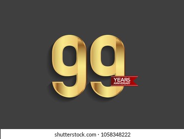 99 years anniversary simple design with golden color and red ribbon isolated on black background for celebration event