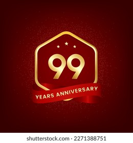 99 Jahre Jubiläum. Jubiläumsvorlage Design mit Goldnummer und rotem Band, Design für Veranstaltung, Einladungskarte, Grußkarte, Banner, Poster, Flyer, Buchumschlag und Druck. Vektorgrafik-EPS10