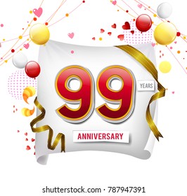 99 years anniversary vector illustration, banner, flyer, logo, icon, symbol. Graphic design element with flag, balloon, ribbon, confetty. Birthday greeting, event celebration