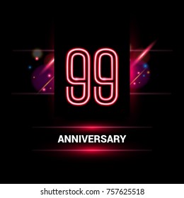 99 Years Anniversary vector logo design using neon style with flare ornament isolated on dark background