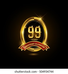 99 years golden anniversary logo with red ribbon and oval ring