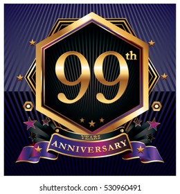 99 years golden anniversary logo celebration with ring and ribbon.