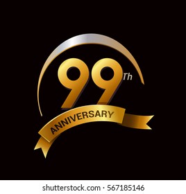 99 years golden anniversary logo celebration with ring and ribbon.