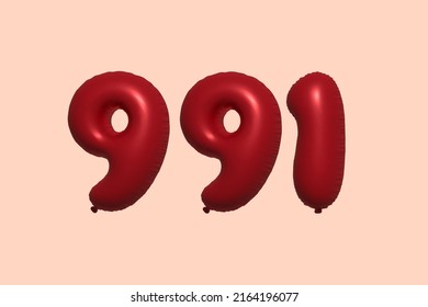 991 globo 3d número hecho de renderización 3d de globo metálico realista. Globos 3D de helio rojo para la venta decoración Fiesta Cumpleaños, Celebración de Aniversario, Fiesta de la Boda. Ilustración del vector