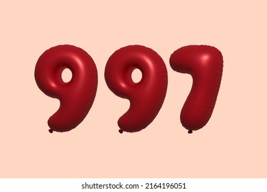 997 3D-Ballon aus realistischem metallischem Luftballon 3D Rendering. 3D Rote Helium Ballons zum Verkauf Dekoration Party Geburtstag, Feiertag Jubiläum, Hochzeitsfeiertag. Vektorgrafik
