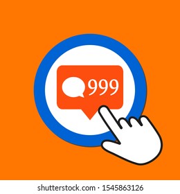 999 comments icon. Online popularity concept. Hand Mouse Cursor Clicks the Button. Pointer Push Press