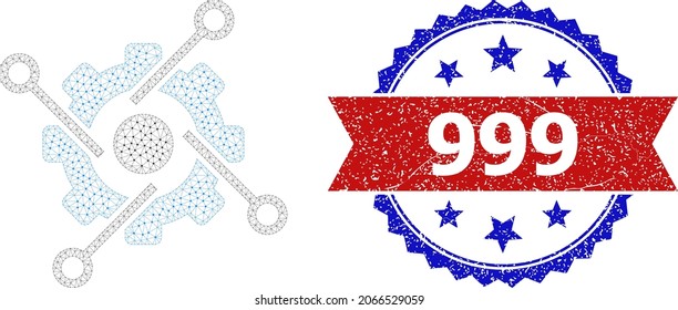 999 dirty seal imitation, and smart development icon mesh structure. Red and blue bicolored stamp seal has 999 text inside ribbon and rosette. Abstract flat mesh smart development,