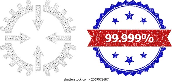 99.999 part textured stamp seal, and gear center icon mesh model. Red and blue bicolor seal contains 99.999 part title inside ribbon and rosette. Abstract 2d mesh gear center, created from flat mesh.