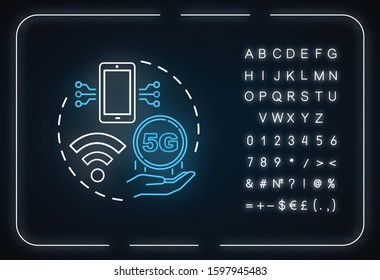 99.999 percent availability neon light concept icon. 5G technologies idea. Mobile internet. High-speed connection. Glowing sign with alphabet, numbers and symbols. Vector isolated illustration