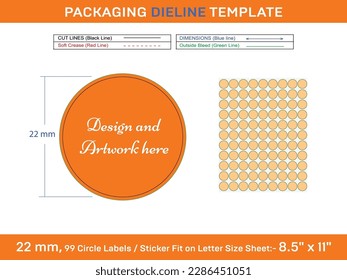 99pcs 22 mm CIRCLE or ROUND label sticker dieline template