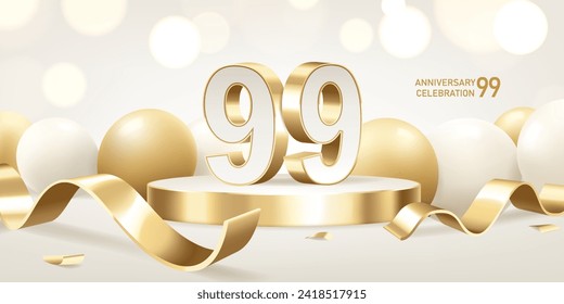 99th Anniversary celebration background. Golden 3D numbers on round podium with golden ribbons and balloons with bokeh lights in background.