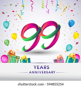 99th Anniversary Celebration Design, with gift box, balloons and confetti, Colorful Vector template elements for your, ninety nine years birthday celebration party