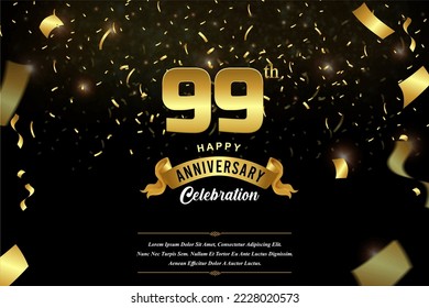 99th anniversary celebration Gold numbers with dotted halftone, shadow and sparkling confetti. modern elegant design with black background. for wedding party event decoration.