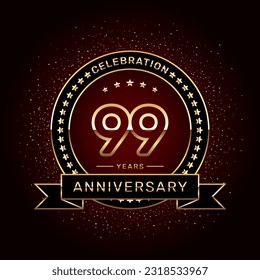 99th anniversary celebration logo design with a golden ring and ribbon, vector template