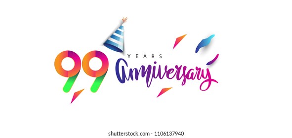 99th anniversary celebration logotype and anniversary calligraphy text colorful design, celebration birthday design on white background.