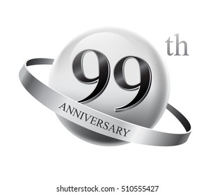 99th anniversary celebration with silver ring on white isolated background