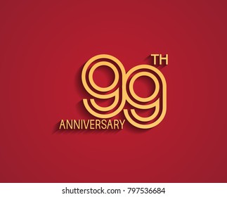 99th anniversary design logotype with line style golden color for celebration event isolated on red background