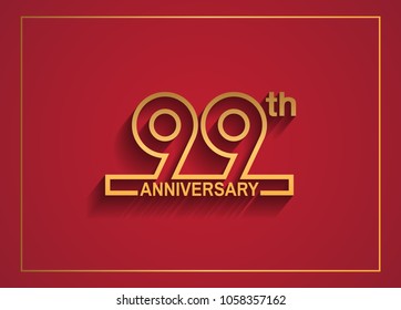 99th anniversary design with simple line style golden color isolated on red background for celebration event