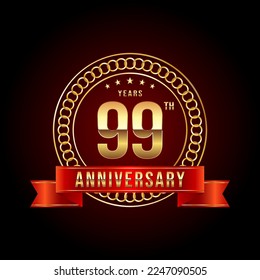 99th Anniversary. Anniversary logo design with gold color text and red ribbon for anniversary celebration event. Logo Vector Illustration