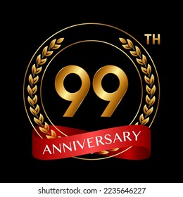 99th Anniversary. Anniversary Logo Design with Laurel Wreath and Red Ribbon for Celebration Event, Wedding, Invitation, Greeting Card. Logo Vector Illustration