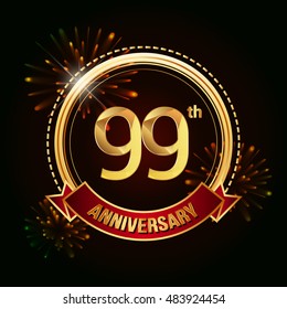 99th anniversary logo golden colored using ring, red ribbon, and fireworks background