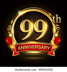 99th anniversary logo with golden ring,balloons and red ribbon. Vector design template elements for your birthday celebration.
