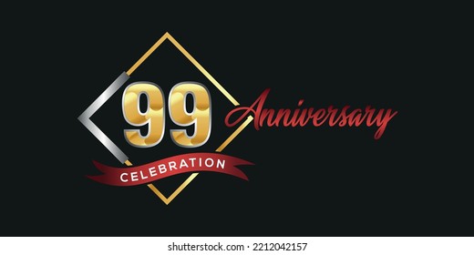 99th anniversary logo with golden and silver box, confetti and red ribbon isolated on elegant black background, vector design for greeting card and invitation card
