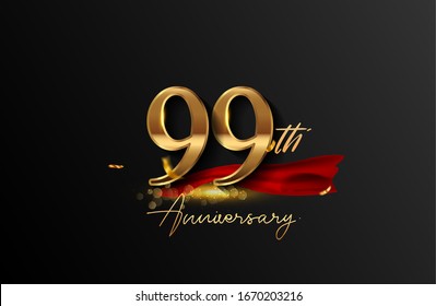 99th anniversary logo with red ribbon and golden confetti isolated on elegant background, sparkle, vector design for greeting card and invitation card.