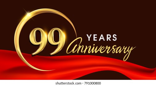 99th anniversary logotype with golden ring isolated on red ribbon elegant background, vector design for birthday celebration, greeting card and invitation card.