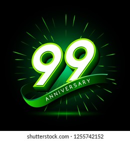 99th anniversary neon text vector design template. green number neon logo, light banner design element colorful design trend, night bright advertising neon text anniversary event party template