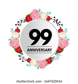 99th anniversary. Vector design greeting card with decorative floral circle for celebration