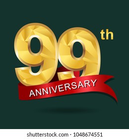 99th anniversary years celebration logotype. Logo gold numbers and ribbon gray background. 