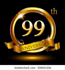 99th golden anniversary logo, 99 years anniversary celebration with ring and ribbon.
