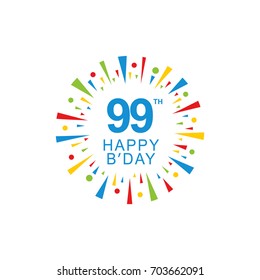 99th Happy Birthday logo, circle shape, colorful sunburst, red blue green yellow color
