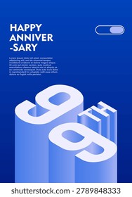 99th Modern anniversary poster template featuring a bold 3d isometric number on a vibrant blue background.