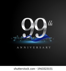 Logo del 99º aniversario de plata con cinta azul aislada en fondo elegante, brillo, diseño vectorial para tarjeta de felicitación y tarjeta de invitación.