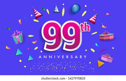 99th Years Anniversary Celebration Design, with gift box and balloons, ribbon, Colorful Vector template elements for your birthday celebrating party.