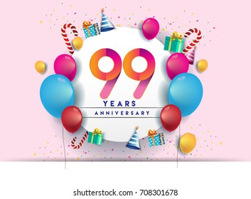 99th years Anniversary Celebration Design with balloons and gift box, Colorful design elements for banner and invitation card.