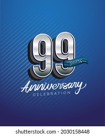 99th years anniversary celebration logotype with silver color and blue ribbon isolated on blue background