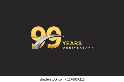 99th years anniversary logo with golden ring and silver swoosh isolated on black background, for birthday and anniversary celebration.
