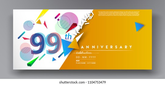99th years anniversary logo, vector design birthday celebration with colorful geometric background and circles shape.