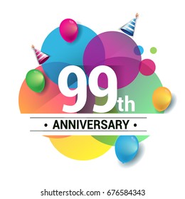 99th years anniversary logo, vector design birthday celebration with colorful geometric, Circles and balloons isolated on white background.