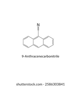 9-Anthracenecarbonitrile skeletal structure.Anthracene derivative compound schematic illustration. Simple diagram, chemical formula.