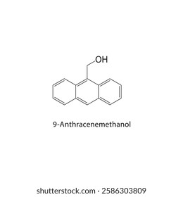 9-Anthracenemethanol skeletal structure.Anthracene derivative compound schematic illustration. Simple diagram, chemical formula.