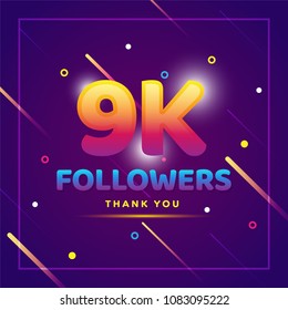 9k or 9000 followers thank you colorful background and glitters. Illustration for Social Network friends, followers, Web user Thank you celebrate of subscribers or followers and likes