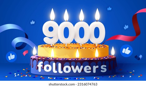 9k or 9000 followers thank you. Social Network friends, followers, subscribers and likes. Birthday cake with candles. Vector illustration