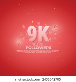 9K Follower celebration, 9K Pink Number on Red background with sparkling confetti, Thank you followers, 9k online social festive banner, 10k