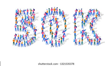 9K Followers Isometric Vector Concept, Group of business people are gathered together in the shape of 9000 word, for web page, banner, presentation, social media, Crowd of little people. teamwork